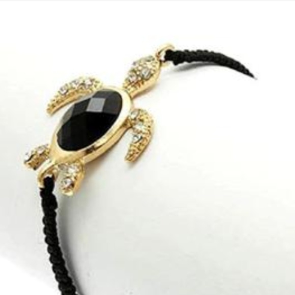 Sea Turtle Bracelet Black Rope Gold Plated Crystal Jeweled Nautical Island Beach - Picture 2 of 4